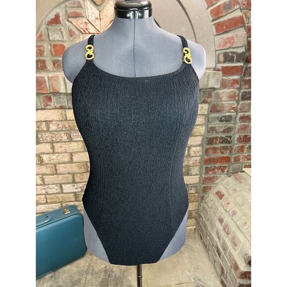 Jantzen one piece swimsuit Vintage black textured gold buckles - Picture 1 of 14